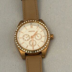 Fossil rose gold tone chronograph watch with tan leather band